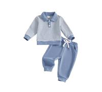 MAHUAOYIXI Toddler Boys Outfits Stripe Print Long Sleeve Lapel Neck Sweatshirt T Shirt Button Tops Pullover and Solid Color Pants 2Pcs Gentleman Set Baby Boy Tracksuit 2-3 Years (Blue, 18-24 Months)