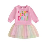 MAHUAOYIXI Toddler Girls Birthday Dress Long Sleeve Letter Embroidery Tulle Tutu Skirt Layered Tiered Puffy Hem A-Line Princess Dress Sweatshirt Pullover Baby Girl Birthday Outfits (Pink, 3-4 Years)