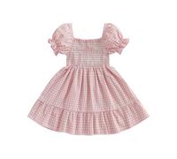 MAHUAOYIXI Toddler Girls Dress Plaid Sweet Tutu Dress Short Puff Sleeve A-line Princess Dress Girls Clothes for Party Casual (Pink, 3-4 Years)