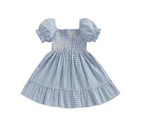 MAHUAOYIXI Toddler Girls Dress Plaid Sweet Tutu Dress Short Puff Sleeve A-line Princess Dress Girls Clothes for Party Casual (Blue, 3-4 Years)