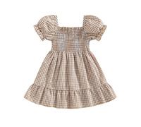 MAHUAOYIXI Toddler Girls Dress Plaid Sweet Tutu Dress Short Puff Sleeve A-line Princess Dress Girls Clothes for Party Casual (Khaki, 18-24 Months)