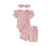 MAHUAOYIXI Toddler Girls Outfits Floral Print Ruffle Short Sleeve Romper Bodysuit Jumpsuit and Elastic Waist Shorts and Headband 3Pcs Set Baby Girl Clothes Set Daywear (Pink, 12-18 Months)