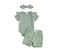 MAHUAOYIXI Toddler Girls Outfits Floral Print Ruffle Short Sleeve Romper Bodysuit Jumpsuit and Elastic Waist Shorts and Headband 3Pcs Set Baby Girl Clothes Set Daywear (Green, 12-18 Months)