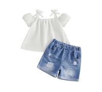 MAHUAOYIXI Toddler Girls Outfits Solid Color Cold Shoulder Short Sleeve Tops Camisole T-shirt and Elastic Waist Ripped Denim Shorts with Pockets 2Pcs Set Baby Girl Clothes Set (White, 2-3 Years)