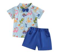 MAHUAOYIXI Toddler Infant Baby Boy Summer Gentleman Outfits Short Sleeve Cartoon Print T Shirts Top and Elastic Waist Shorts 2Pcs Tracksuit Sets Formal Clothes for Little Boys (Ocean Blue, 3-4 Years)