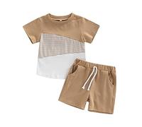 MAHUAOYIXI Toddler Infant Baby Boy Summer Outfit Short Sleeve Round Neck Stripes Patchwork T-shirt Top Shirts and Elastic Waist Shorts 2Pcs Tracksuit Set Clothes for Little Boy (Brown, 18-24 Months)