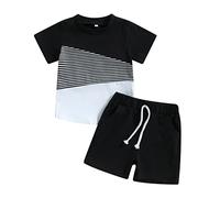 MAHUAOYIXI Toddler Infant Baby Boy Summer Outfit Short Sleeve Round Neck Stripes Patchwork T-shirt Top Shirts and Elastic Waist Shorts 2Pcs Tracksuit Set Clothes for Little Boy (Gray, 6-7 Years)