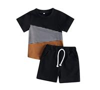 MAHUAOYIXI Toddler Infant Baby Boy Summer Outfit Short Sleeve Round Neck Stripes Patchwork T-shirt Top Shirts and Elastic Waist Shorts 2Pcs Tracksuit Set Clothes for Little Boy (Black, 3-4 Years)