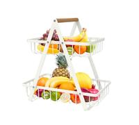 mahueeol 2 Tier Countertop Fruit Basket,Portable Fruit Bowle Basket for Kitchen Organizer Storage Fruits Vegetable Bread Snacks, Detachable Metal Rectangle Basket with wood Handle,White