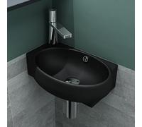Mai & Mai Bathroom Sink Basin Wall Mounted Wash Basin | Ceramic Small Matt Black | Modern Design Bathroom Vessel Sink | WDH:42x28x15cm | Nano-Coating Tap Hole on The Left Guest Toilet Brüssel001R
