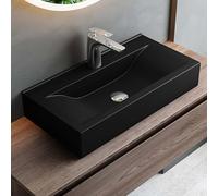 Mai & Mai Bathroom Sink, Ceramic Wall-Mounted Wash Basin with Nano Coating | Nano-Coated Rectangular Ceramic Basin, Countertop or Wall-Hung Washbasin for Bathroom Vanity, Black, 61x31x10 cm, Brüssel118G