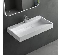 Mai & Mai Rectangular Matt White Wall Hung Bathroom Sink Basin | Stone Resin Material, Wall Mount Installation, 80cm x 46cm x 11cm, 1 Tap Hole, WDH: 80×46×11cm Col19