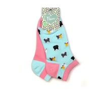 MAIA GIFTS POM Womens Ankle Socks 2 Pairs Casual Cotton Ladies Trainer Socks Pink and Blue Cat Mix Twin Pack UK 4-7