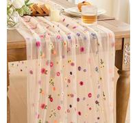 MAIBAOTA Champagne Embroidered Daisy Gauze Table Runner 300cm, Boho Spring Summer Table Decor, Sheer Floral Table Runner for Dining Table Wedding Reception Bridal Shower Easter Brunch & Garden Party