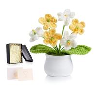 MAIBAOTA Forget Me Not Crochet Flowers Gifts for Women Gradient Yellow Handmade Knitted Flower Potted Plants Faux Flowers Bouquet Home Office Desk Decor