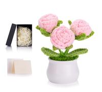 MAIBAOTA Handmade Pink Roses Crochet Flowers Knitted Flower Bouquet | Forever Rose Potted Plants Cute Small Birthday Gifts for Women Girls Mum Nanny Desk Decorations Accessories
