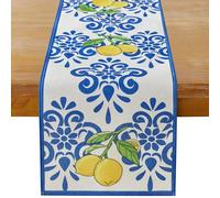 MAIBAOTA Lemon Table Runner 33 x 183cm, Mediterranean Greek Style Summer Table Runner for Dining Table, Rustic Farmhouse Blue Lemon Table Decor for Kitchen, Outdoor Party, BBQ, Patio