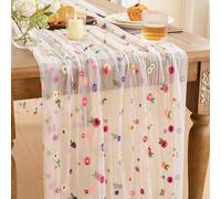 MAIBAOTA White Embroidered Daisy Gauze Table Runner 300cm, Boho Spring Summer Table Decor, Sheer Floral Table Runner for Dining Table, Wedding Reception, Bridal Shower, Easter Brunch & Garden Party