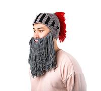 Maibar Hats Men Winter Funny Roman Knight Hat Handmade Knitted Creative Big Beard Wig Helmet Chunky Beanies Cos Play Party Decoration Face Mask (Grey)