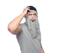 Maibar Viking Hat Men Knitted Beanie Creative Handmade Knitted Big Beard Wig Funny Cap False Beard Cos Play Party Decoration Face Mask (Grey)