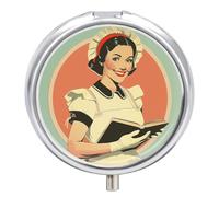 Maid Holding A Book Metal Pill Organizer, 3 Compartment Waterproof Pill Case with Mirror for Purse Pocket Bag, Daily Medicine Vitamin Holder, Portable Travel Med Container(Round)