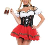Maid Outfit For Women - Oktoberfest Beer Girl Costume With Headdress | Bavarian Dirndl Dress Halloween Cosplay Uniform | Red Bar Waitress Uniform For Carnival Party Role Play