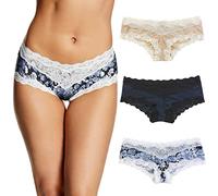 Maidenform Women's Cheeky, Lace Hipster Panties, Sexy Underwear, 3-Pack, Latte Lift/Navy Black/Denim Print, M (Pack of 3)