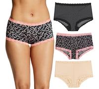 Maidenform Women's Underwear, Microfiber with Lace Boyshort Panties, One Fab Fit, 3-Pack Boy Short, Geo Snow/Cherry Blossom/Latte Lift, L (Pack of 3)