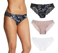Maidenform Women's Underwear, Lace Tanga, Cheeky Panties, Solid Or Assorted, 3-Pack Bikini Style, Black Navy Blossom/Evening Blush/White, S (Pack of 3)
