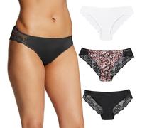 Maidenform Women's Underwear, Lace Tanga, Cheeky Panties, Solid Or Assorted, 3-Pack Bikini Style, White/Abstract Floral/Black, XL (Pack of 3)