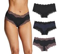 Maidenform Women's Underwear, Low-Rise Cheeky, Scalloped Lace Hipster Panty, 3-Pack, Black/Navy Black/Black Rum Raisin, L (Pack of 3)