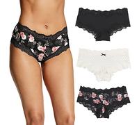 Maidenform Women's Underwear, Low-Rise Cheeky, Scalloped Lace Hipster Panty, 3-Pack, Black/Pearl Dot Print/Oil Flower Black, S (Pack of 3)