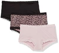 Maidenform Women's Underwear, Microfiber with Lace Boyshort Panties, One Fab Fit, 3-Pack Boy Short, Black/Gloss/Zippy Animal Print, XL (Pack of 3)