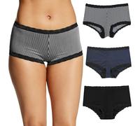 Maidenform Women's Underwear, Microfiber with Lace Boyshort Panties, One Fab Fit, 3-Pack Boy Short, Stripe/Navy Black/Black, L (Pack of 3)