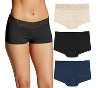 Maidenform Women's Underwear, Stretch Cotton Boyshort Panties, Assorted, 3-Pack Boy Short, Latte Lift/Black/Navy, S (Pack of 3)