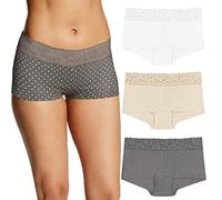 Maidenform Women's Underwear, Stretch Cotton Boyshort Panties, Assorted, 3-Pack Boy Short, White/Latte Lift/Grey Dot, L (Pack of 3)