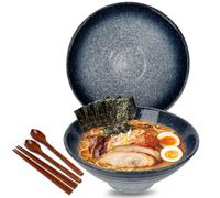 Maidyna 8 Inch Ceramic Poke Bowls Set of 2, 1000ml Large Japanese Noodle Bowls with Chopsticks and Spoons - Pho, Udon, and Ramen Bowl, Microwave and Dishwasher Safe, Housewarming Gift Blue Rim