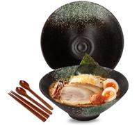 Maidyna 8 Inch Ceramic Ramen Bowl Set of 2, 1000ml Large Japanese Noodle Bowls with Chopsticks and Spoons - Pho, Udon, and Poke Bowls, Microwave and Dishwasher Safe, Housewarming, Green Forest