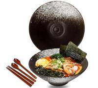 Maidyna 8 Inch Ceramic Ramen Bowl Set of 2, 1000ml Large Japanese Noodle Bowls with Chopsticks and Spoons - Pho, Udon, and Poke Bowls, Microwave and Dishwasher Safe, Housewarming, Arctic White Spill