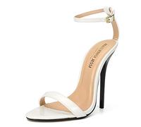 MAIERNISI JESSI Unisex Men's Women's High Heel Sandals, Ankle Strap, Open Toe, 5.1 Inch Stiletto Heels, Patent White, 14 Women/12.5 Men