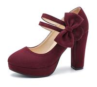 MAIERNISI JESSI Women's Bow Heel Pumps Platform High Heeled Wedding Dress Shoes, Burgundy Chunky, 10 UK