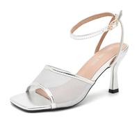 MAIERNISI JESSI Womens Mesh Kitten Heel Sandals Square Open Toe Buckle Ankle Strap Summer Dressy Shoes, Silver, 7 UK