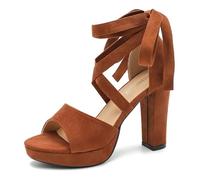 MAIERNISI JESSI Women's Strappy Platform Sandals, Chunky High Heel with Lace-Up Ankle Tie, Open Toe, 3.94 Inch, Brown, 5 UK