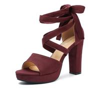 MAIERNISI JESSI Women's Strappy Platform Sandals, Chunky High Heel with Lace-Up Ankle Tie, Open Toe, 3.94 Inch, Burgundy, 10 UK