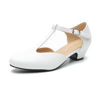 MAIERNISI JESSI Women's T-Strap Low Chunky Heel Mary Jane Pumps Cut Out Wedding Dress Shoes, White Matte, 4.5 UK, GG0011DUW3701CSUS