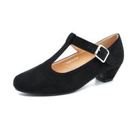 MAIERNISI JESSI Women's T-Strap Mary Jane Pumps Low Chunky Heel Wedding Dress Shoes, Black Velvet, 7 UK