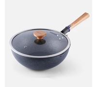 Maifan Stone Non-Stick Wok 30cm with Glass Lid | Temperature-sensitive handle turns red as a safety alert, paired with a stainless-steel-edged glass lid