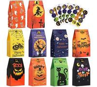 Maigacy 50Pcs Halloween Treat Bags with 60Pcs Halloween Stickers Kids Halloween Candy Bags for Trick or Treating, Mini Paper Gift Bags for Halloween Goodie Bags Party Supplies Decorations