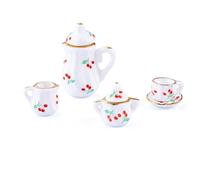 Maigbeads 7Pcs Ceramic Tea Set Decorations Porcelain 3D Miniature Model Ornaments Tea Cup Teapot Tray Plate Dollhouse Micro Landscape Decoration Garden Home Decor Accessories Cherry Pattern Decoration