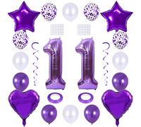 Maigendoo 11 Number Balloon Set - Digit, Heart, Star, Moon Foil Mylar Balloons with Swirl Decorations for 11th Birthday Party, Graduation, Anniversary Event, Purple